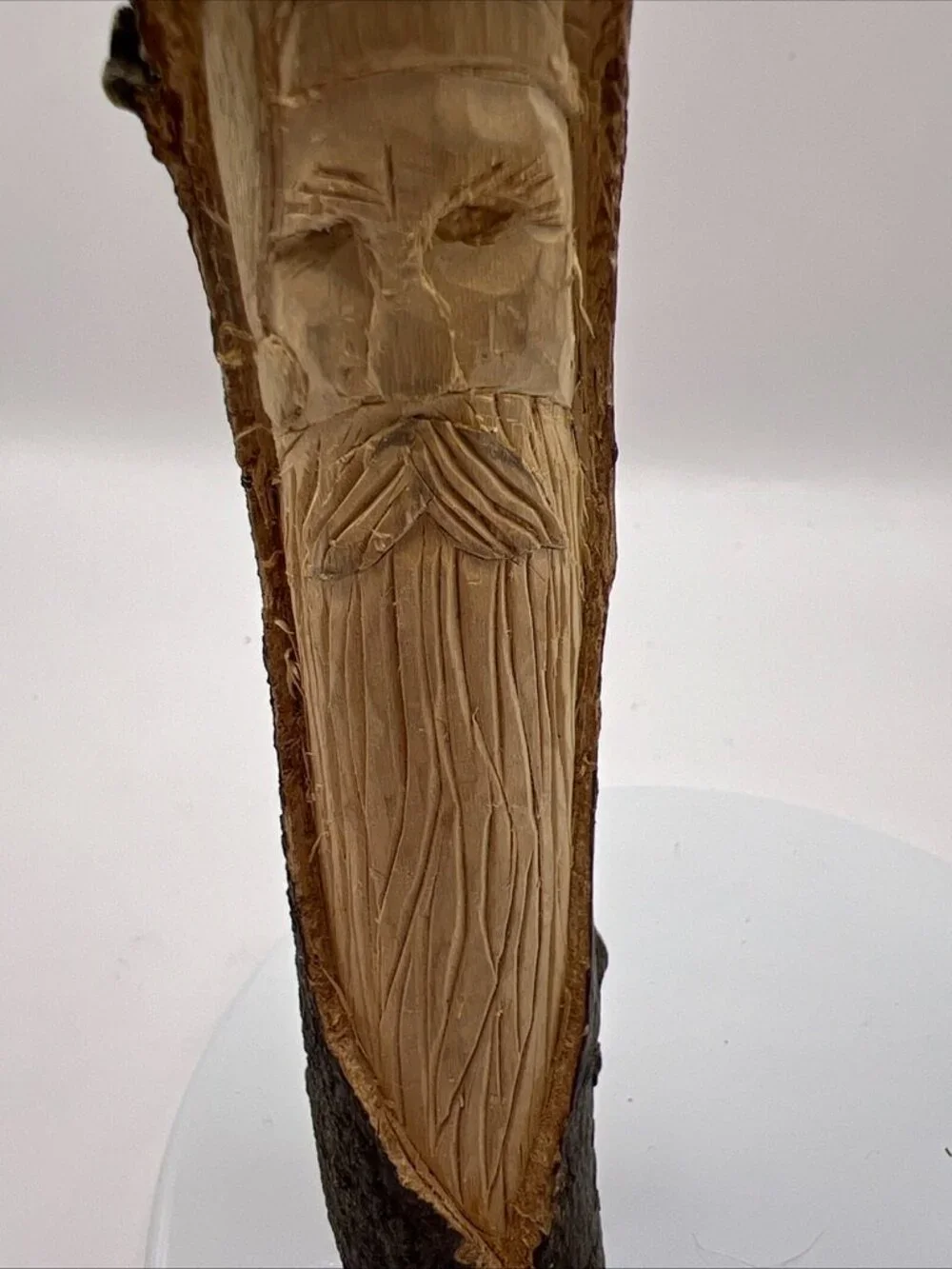 Vtg 1991 Hand Carved Santa Face in Wood Log Ornament 6